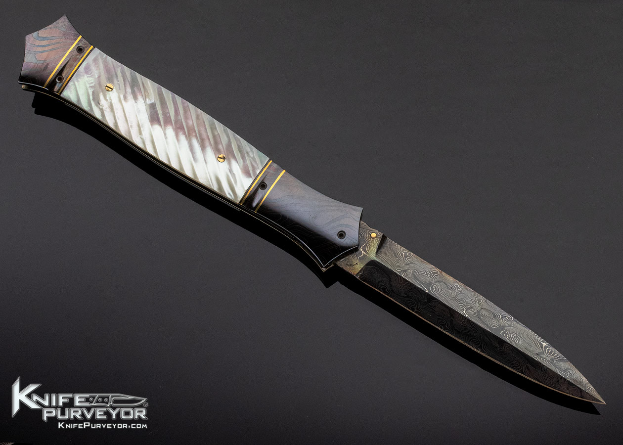 John W. Smith Custom Knife Blued Sole Authorship Damascus & Fluted Mother of Pearl Shell Linerlock Dagger - Image 4