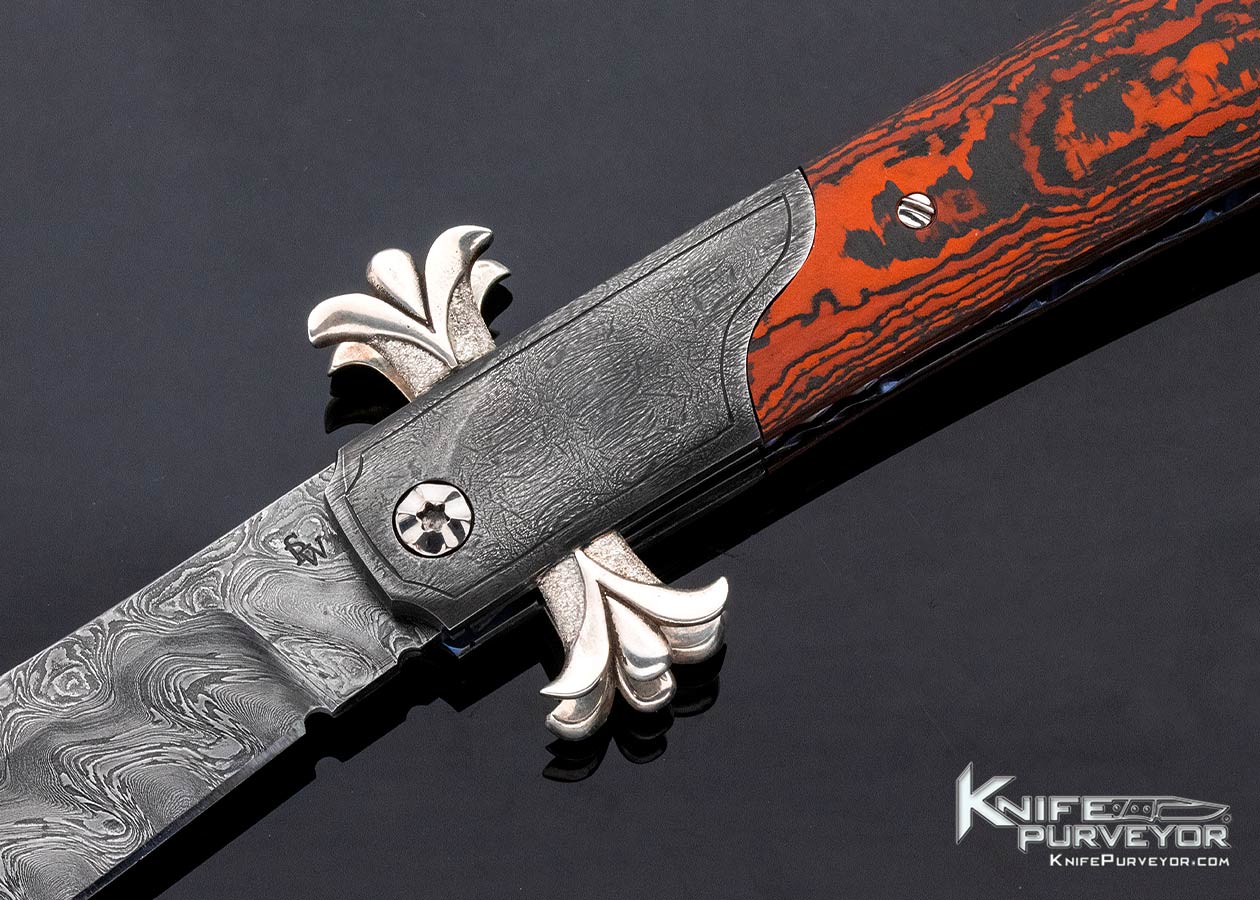 Richard S. Wright Custom Knife No. 337 Bolster Release Folding Bowie Automatic Featuring J.D. Smith Damascus & Red Carbon Fiber - Image 2