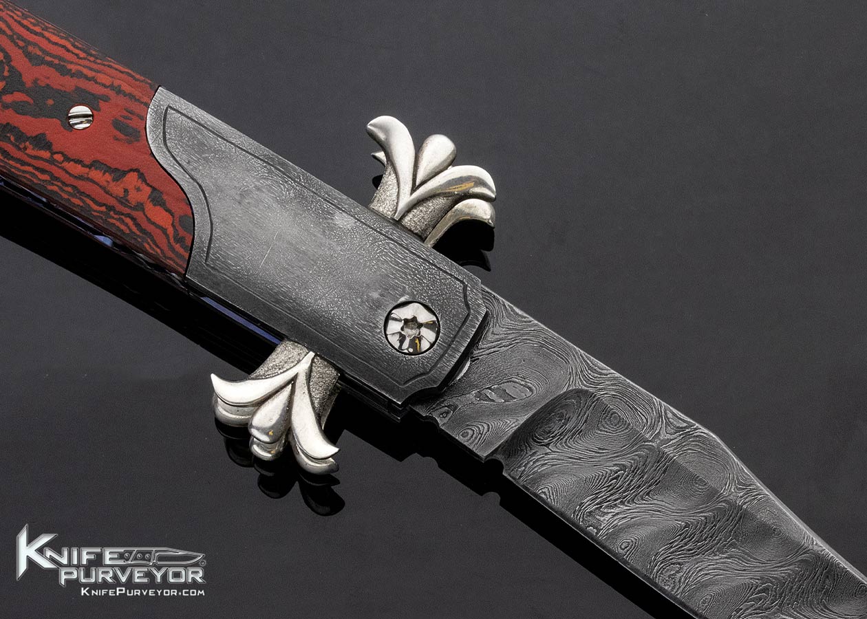 Richard S. Wright Custom Knife No. 337 Bolster Release Folding Bowie Automatic Featuring J.D. Smith Damascus & Red Carbon Fiber - Image 5
