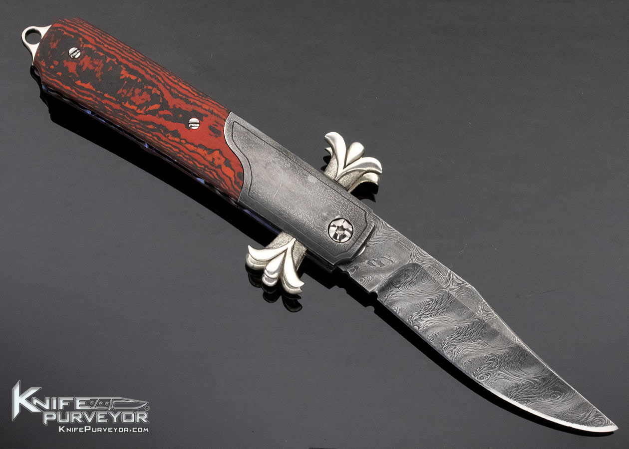 Richard S. Wright Custom Knife No. 337 Bolster Release Folding Bowie Automatic Featuring J.D. Smith Damascus & Red Carbon Fiber - Image 4