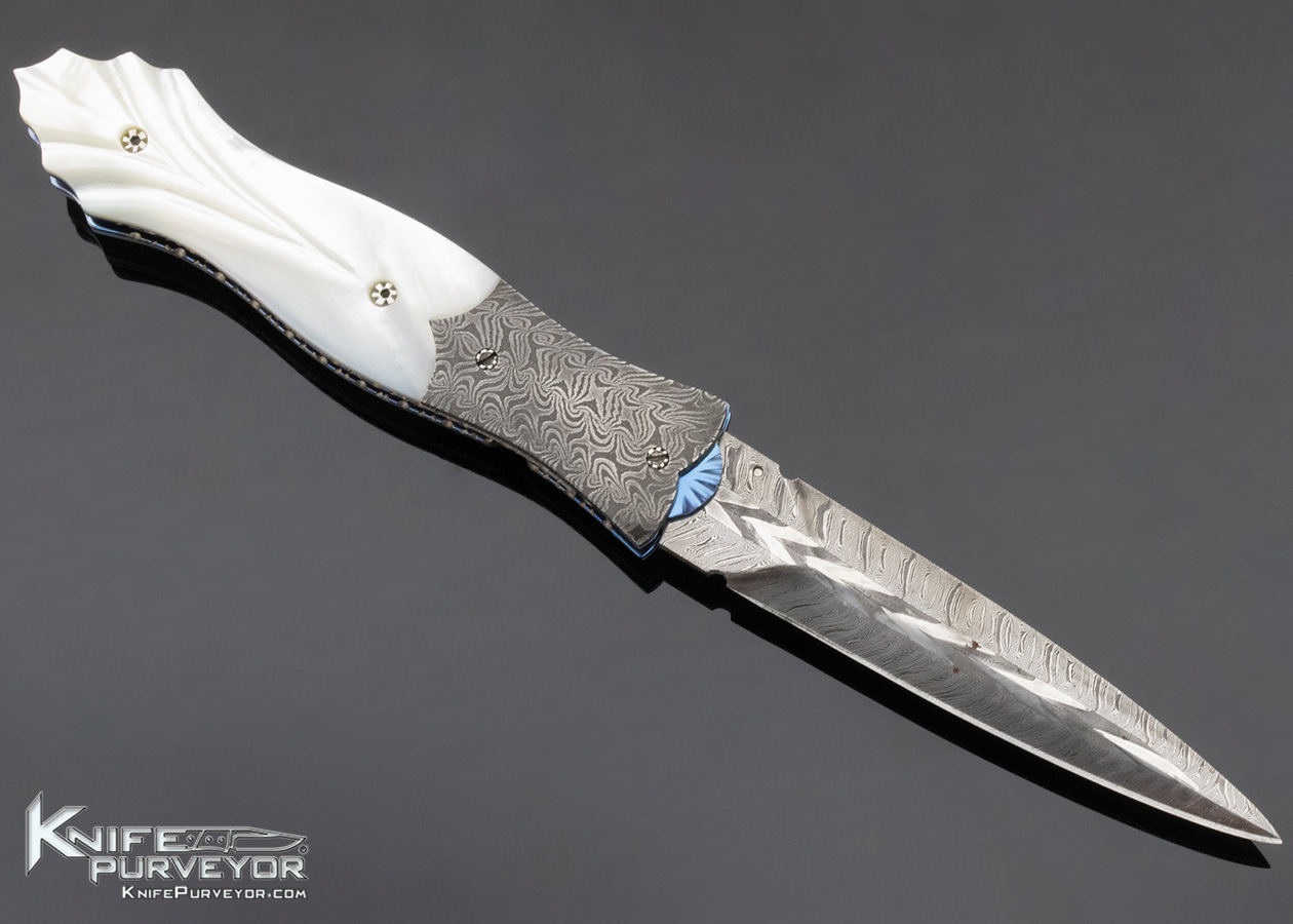 Shaun and Sharla Hansen Custom Knife Carved Mother of Pearl and Damascus Linerlock - Image 4