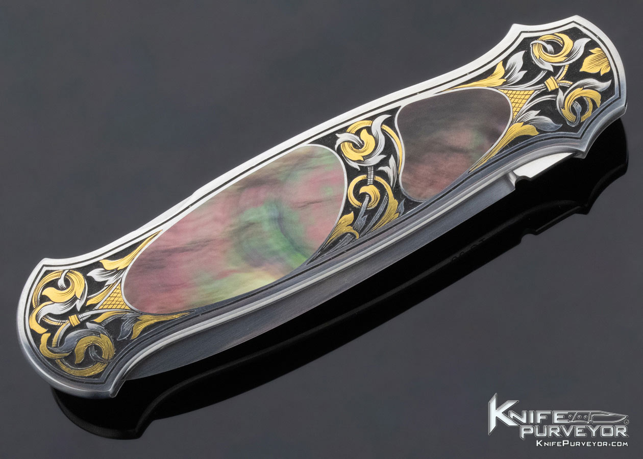 Tom Overyender Custom Knife Double Black Lip Pearl Interframe Lockback Dagger Engraved by Tim George - Image 5