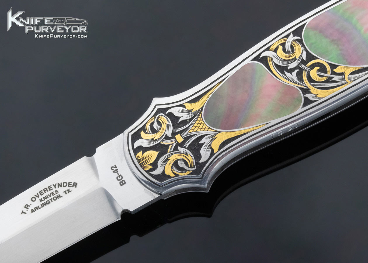 Tom Overyender Custom Knife Double Black Lip Pearl Interframe Lockback Dagger Engraved by Tim George - Image 2