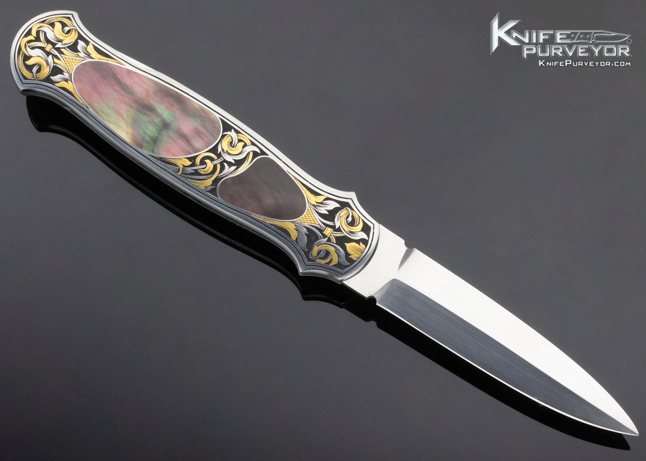 Tom Overyender Custom Knife Double Black Lip Pearl Interframe Lockback Dagger Engraved by Tim George - Image 3