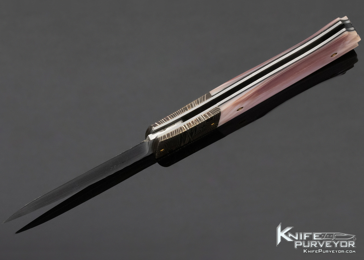 W.D. Pease Custom Knife Damascus & Fluted Pink Pearl Shell Side Lock - Image 7