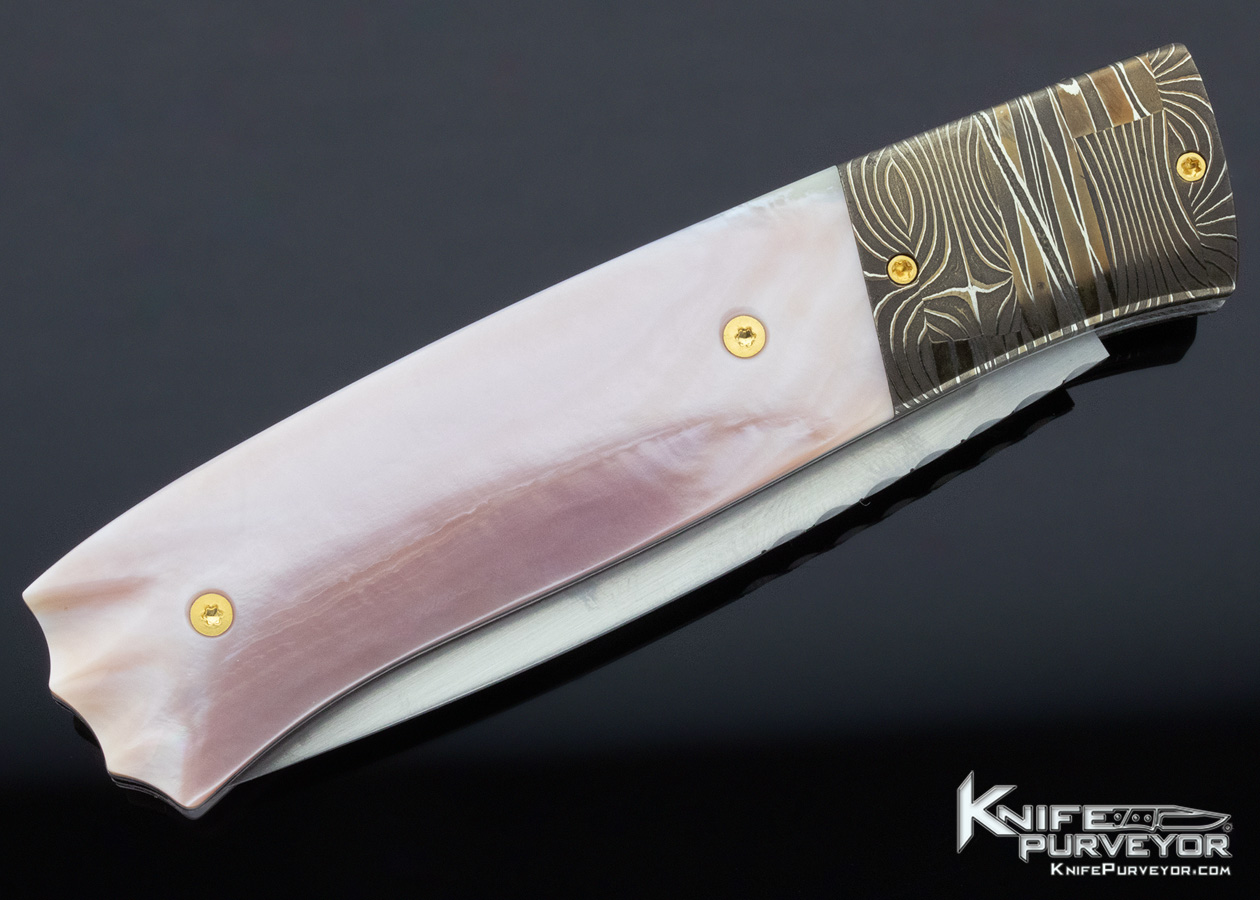 W.D. Pease Custom Knife Damascus & Fluted Pink Pearl Shell Side Lock - Image 3