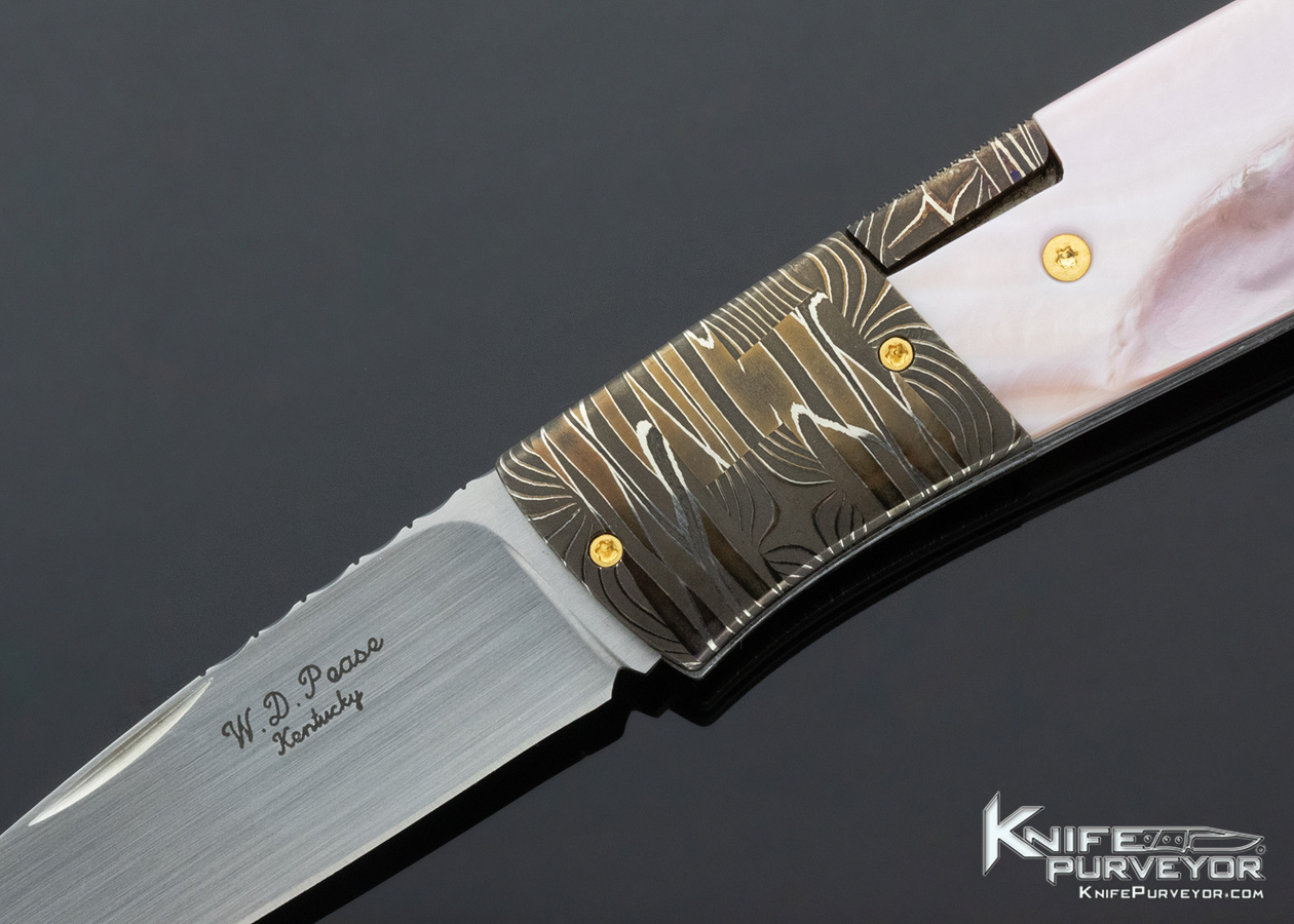W.D. Pease Custom Knife Damascus & Fluted Pink Pearl Shell Side Lock - Image 2