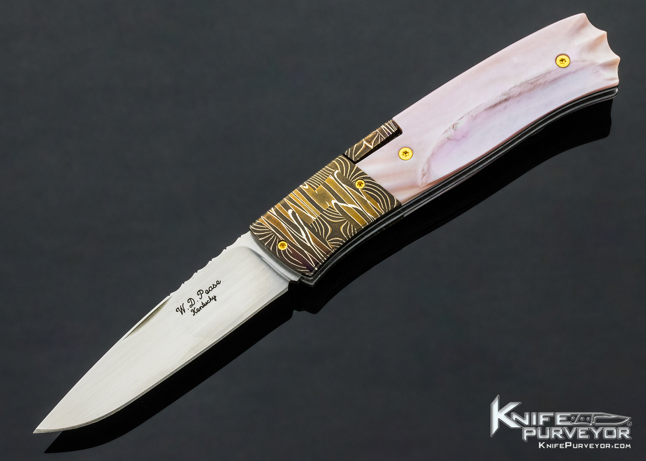 W.D. Pease Custom Knife Damascus & Fluted Pink Pearl Shell Side Lock 11433