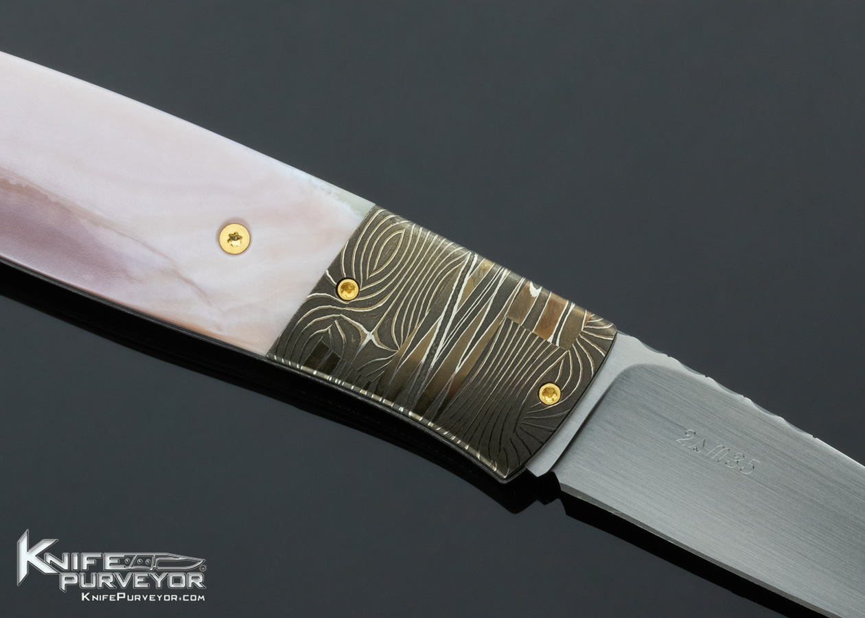 W.D. Pease Custom Knife Damascus & Fluted Pink Pearl Shell Side Lock - Image 5