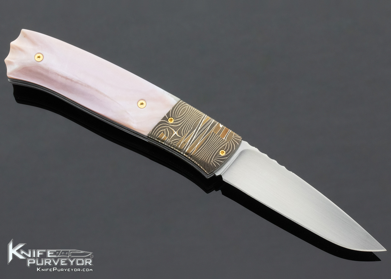 W.D. Pease Custom Knife Damascus & Fluted Pink Pearl Shell Side Lock - Image 4
