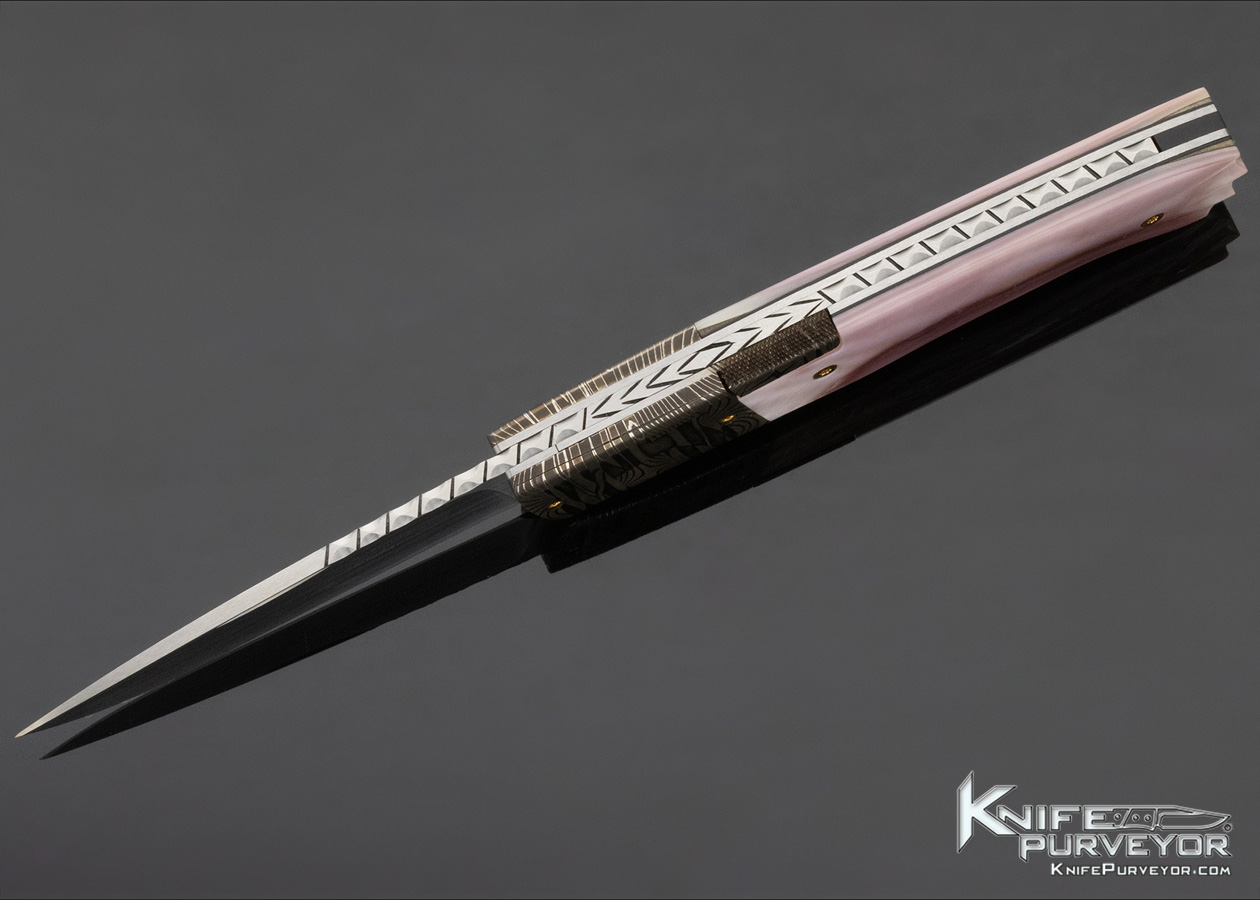 W.D. Pease Custom Knife Damascus & Fluted Pink Pearl Shell Side Lock - Image 6