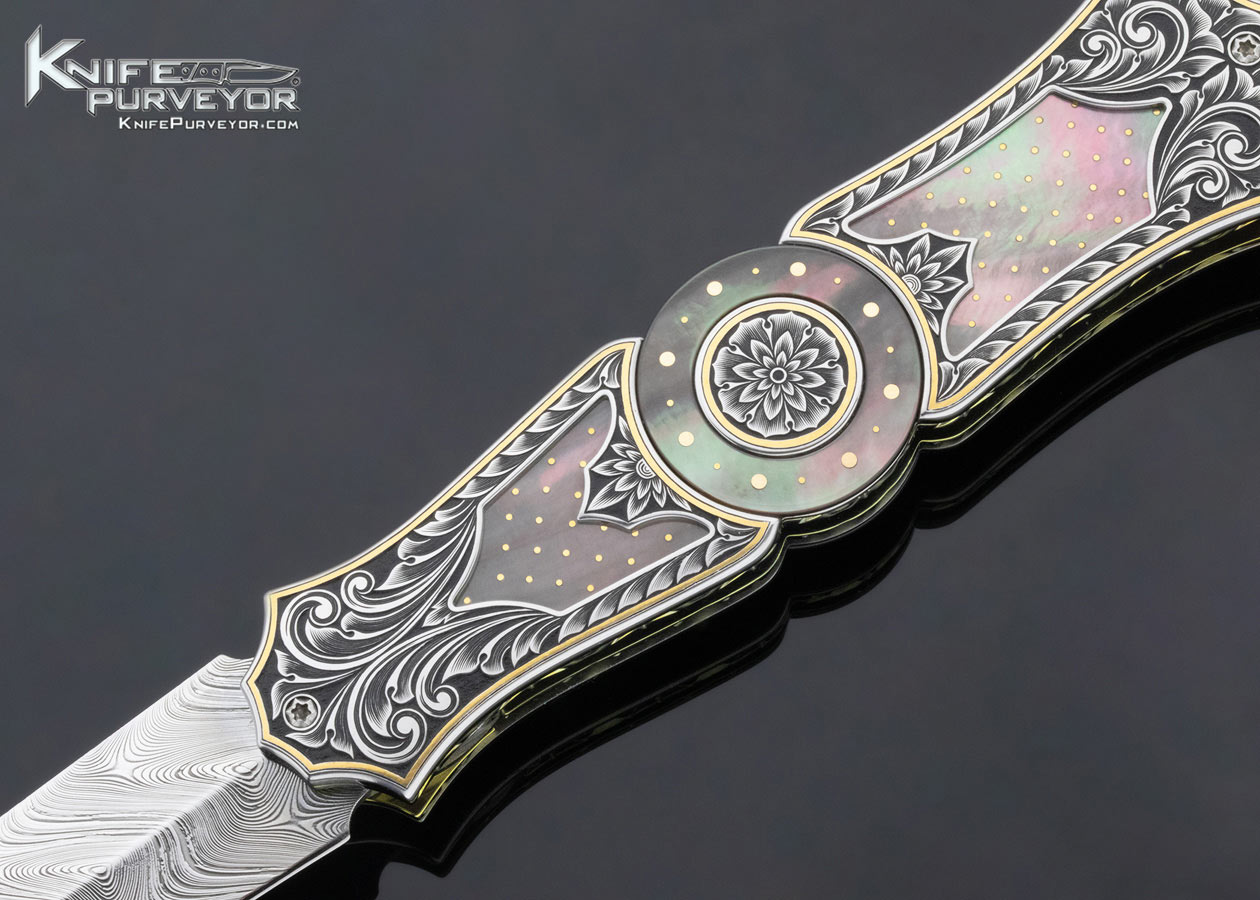 Anders Hedlund Custom Knife Engraved Presentation Grade w/ Gold Pins and Inlays Tahitian Black Lip Pearl - Image 2