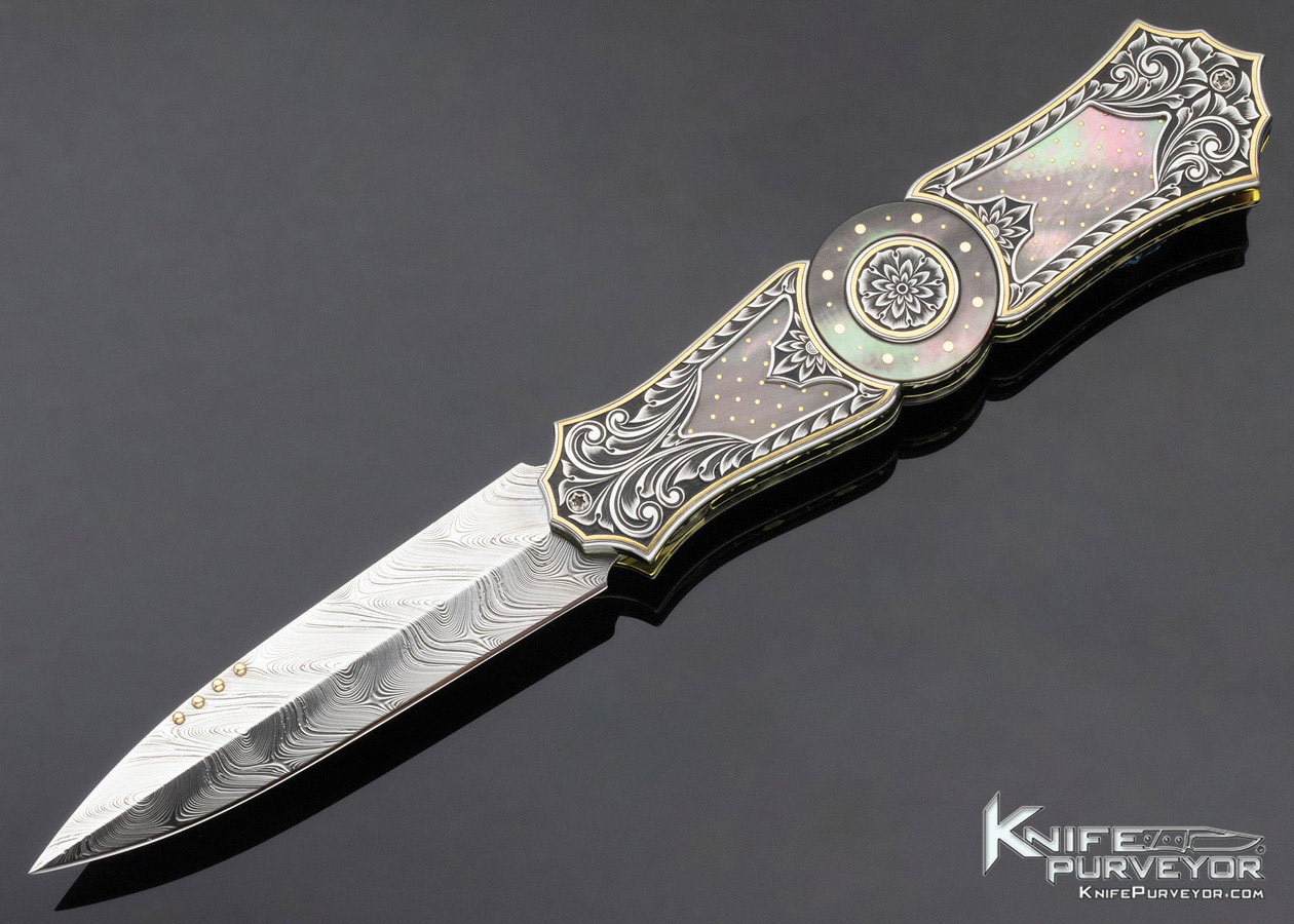 Anders Hedlund Custom Knife Engraved Presentation Grade w/ Gold Pins and Inlays Tahitian Black Lip Pearl 13153