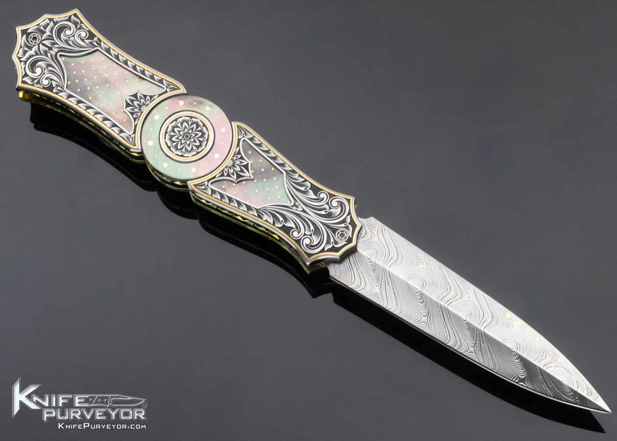 Anders Hedlund Custom Knife Engraved Presentation Grade w/ Gold Pins and Inlays Tahitian Black Lip Pearl - Image 4