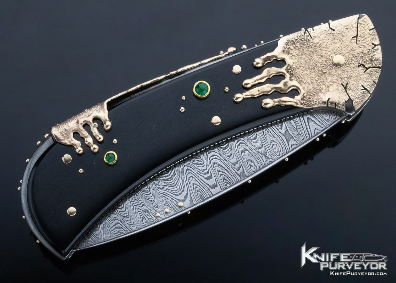 Dellana Custom Knife "Black Magic" Sole Authorship Ladder Pattern Damascus 14K Gold "Meltdown" with Edwards Black Jade & Diamonds - Image 3