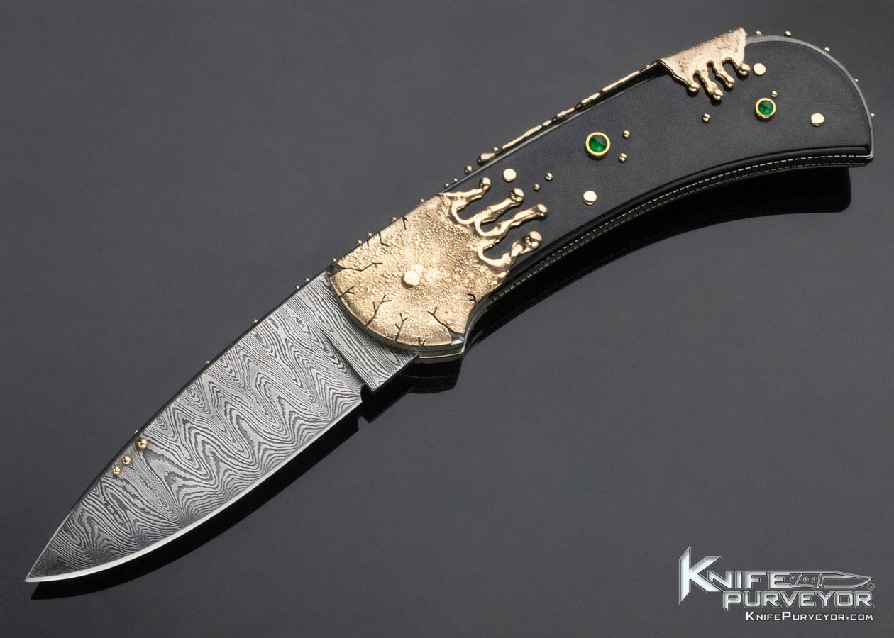 Dellana Custom Knife "Black Magic" Sole Authorship Ladder Pattern Damascus 14K Gold "Meltdown" with Edwards Black Jade & Diamonds 11500