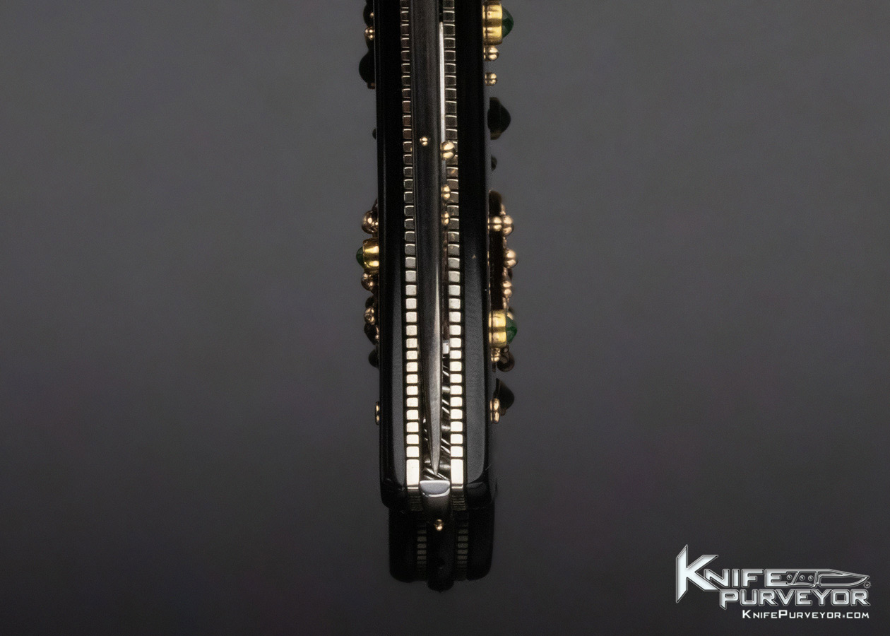 Dellana Custom Knife "Black Magic" Sole Authorship Ladder Pattern Damascus 14K Gold "Meltdown" with Edwards Black Jade & Diamonds - Image 7