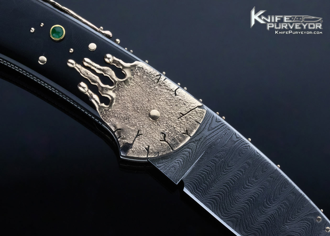 Dellana Custom Knife "Black Magic" Sole Authorship Ladder Pattern Damascus 14K Gold "Meltdown" with Edwards Black Jade & Diamonds - Image 5