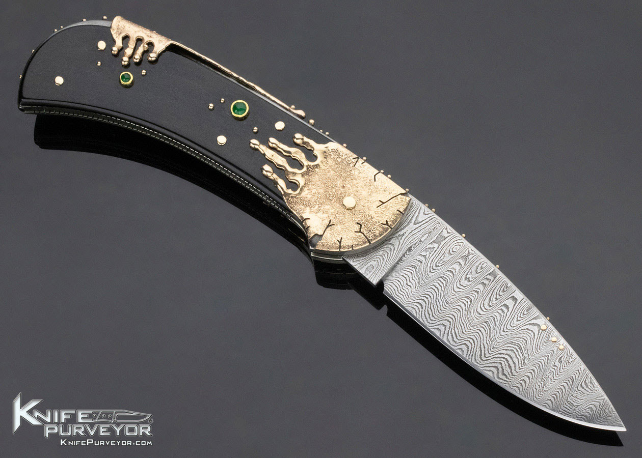 Dellana Custom Knife "Black Magic" Sole Authorship Ladder Pattern Damascus 14K Gold "Meltdown" with Edwards Black Jade & Diamonds - Image 4