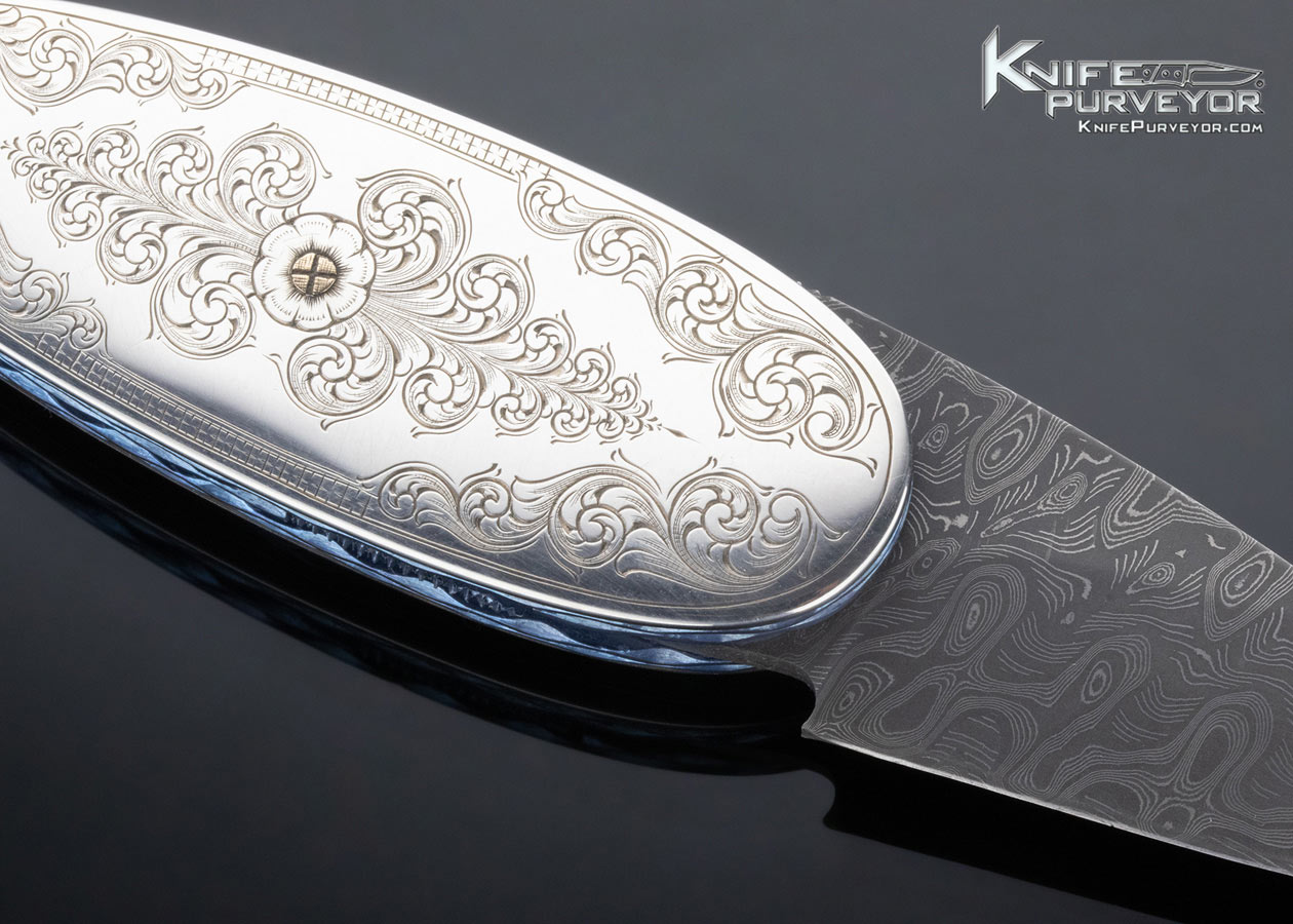 Kelly Carlson Custom Knife Sterling Silver Egg Folder with Mike Norris "Raindrop" Damascus Linerlock - Image 3