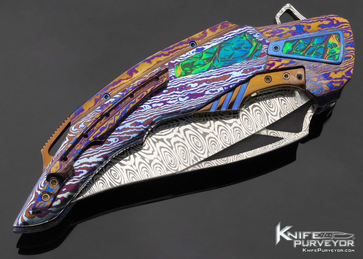 Ron Best Custom Knife "Fire Hawk" Timascus and Mosaic Damascus Framelock Flipper - Image 3