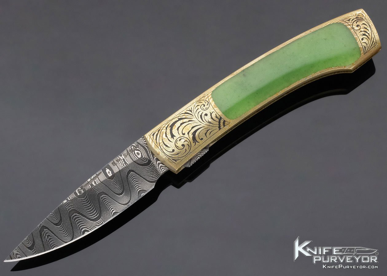 Scott Sawby Custom Knife Christy George Engraved Jade, Mokume and Damascus Self Lock 11537