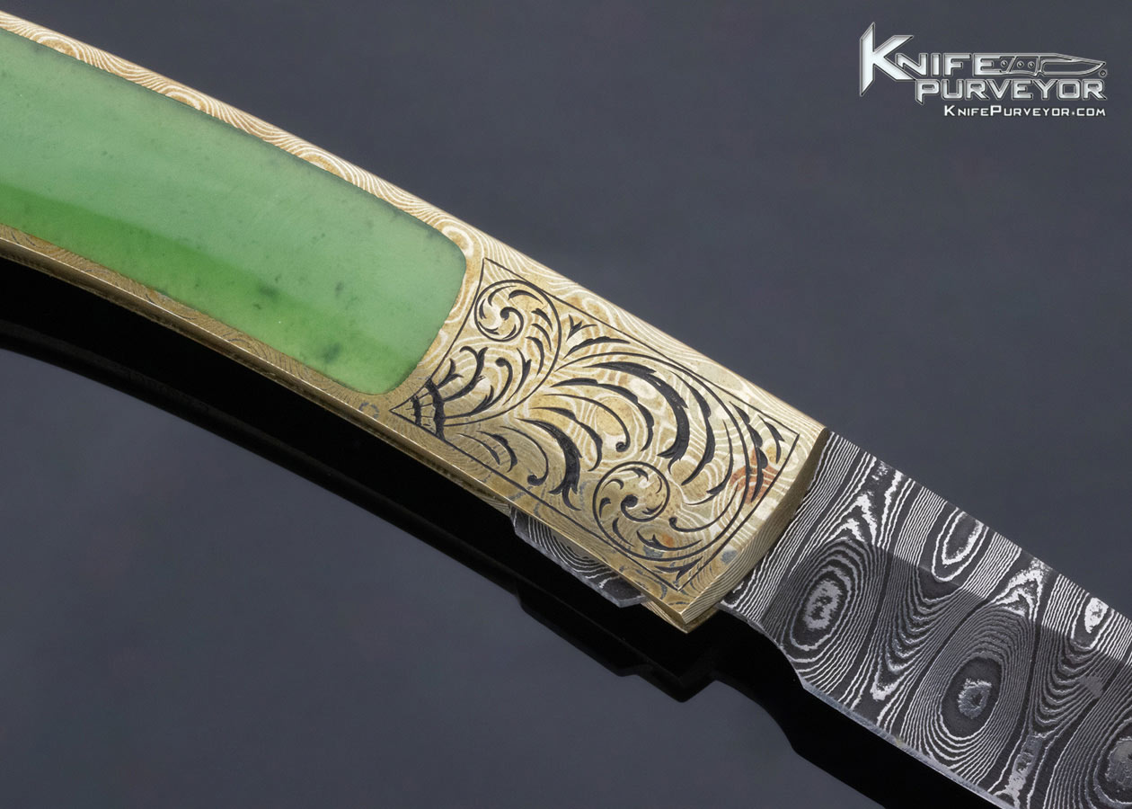 Scott Sawby Custom Knife Christy George Engraved Jade, Mokume and Damascus Self Lock - Image 5