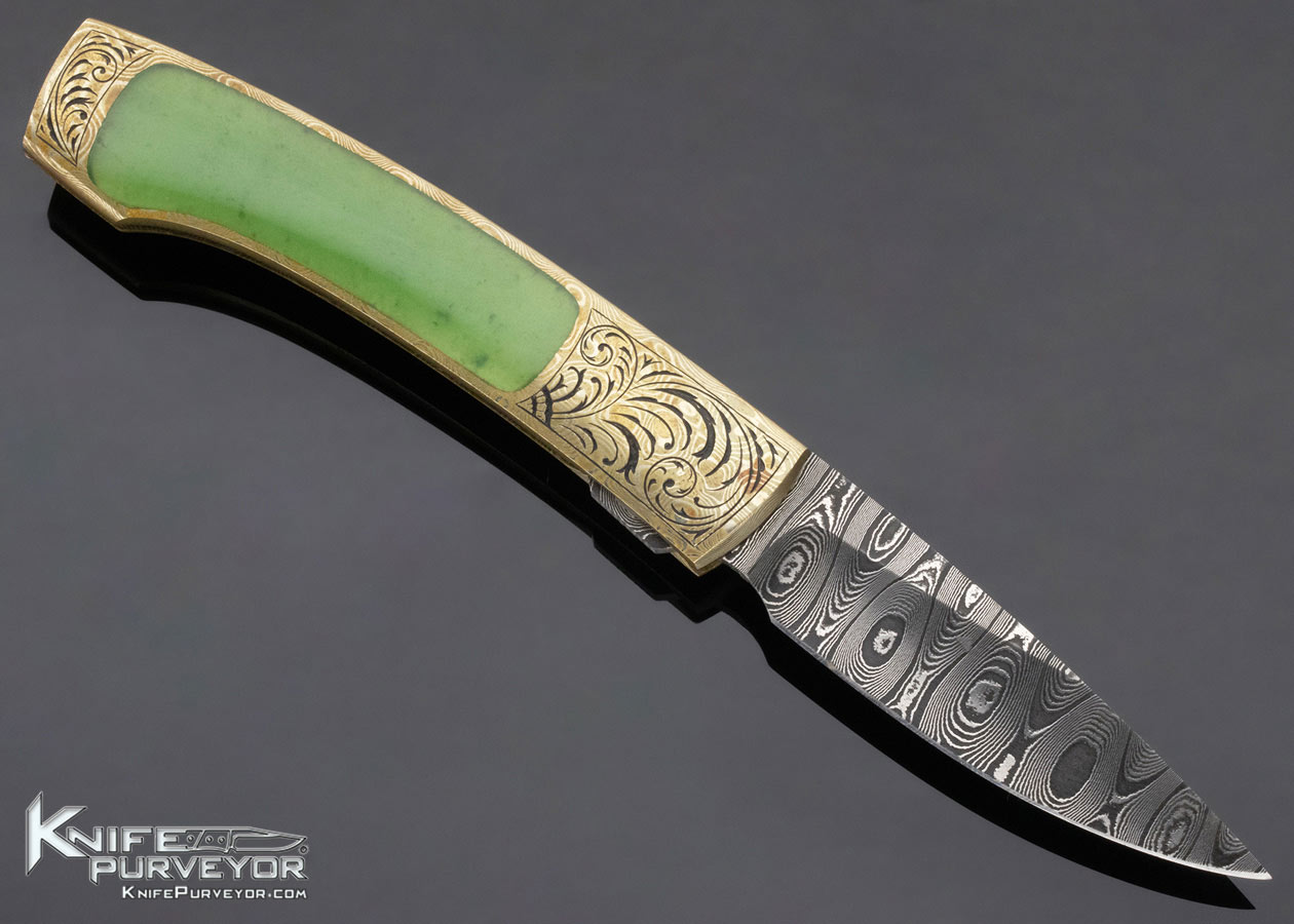 Scott Sawby Custom Knife Christy George Engraved Jade, Mokume and Damascus Self Lock - Image 4