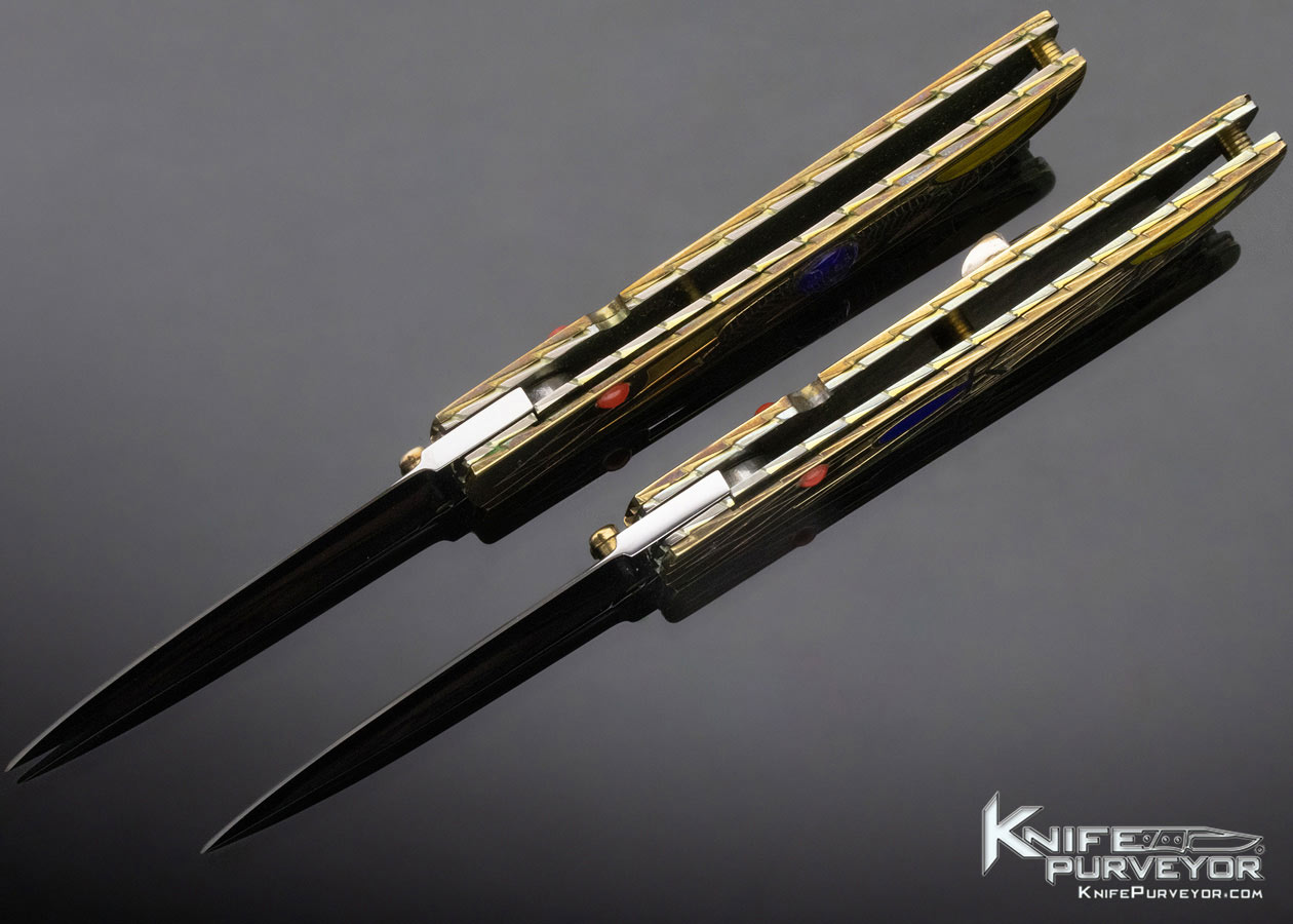 Butch and Judy Beaver Custom Knife "Nefertiti & Akhenaten" Carved Brass Egyptian Motif Folder Set (two knives) Linerlock - Image 8