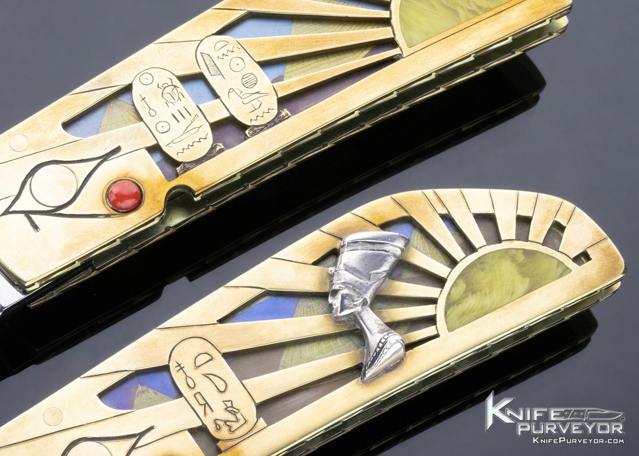 Butch and Judy Beaver Custom Knife "Nefertiti & Akhenaten" Carved Brass Egyptian Motif Folder Set (two knives) Linerlock - Image 3