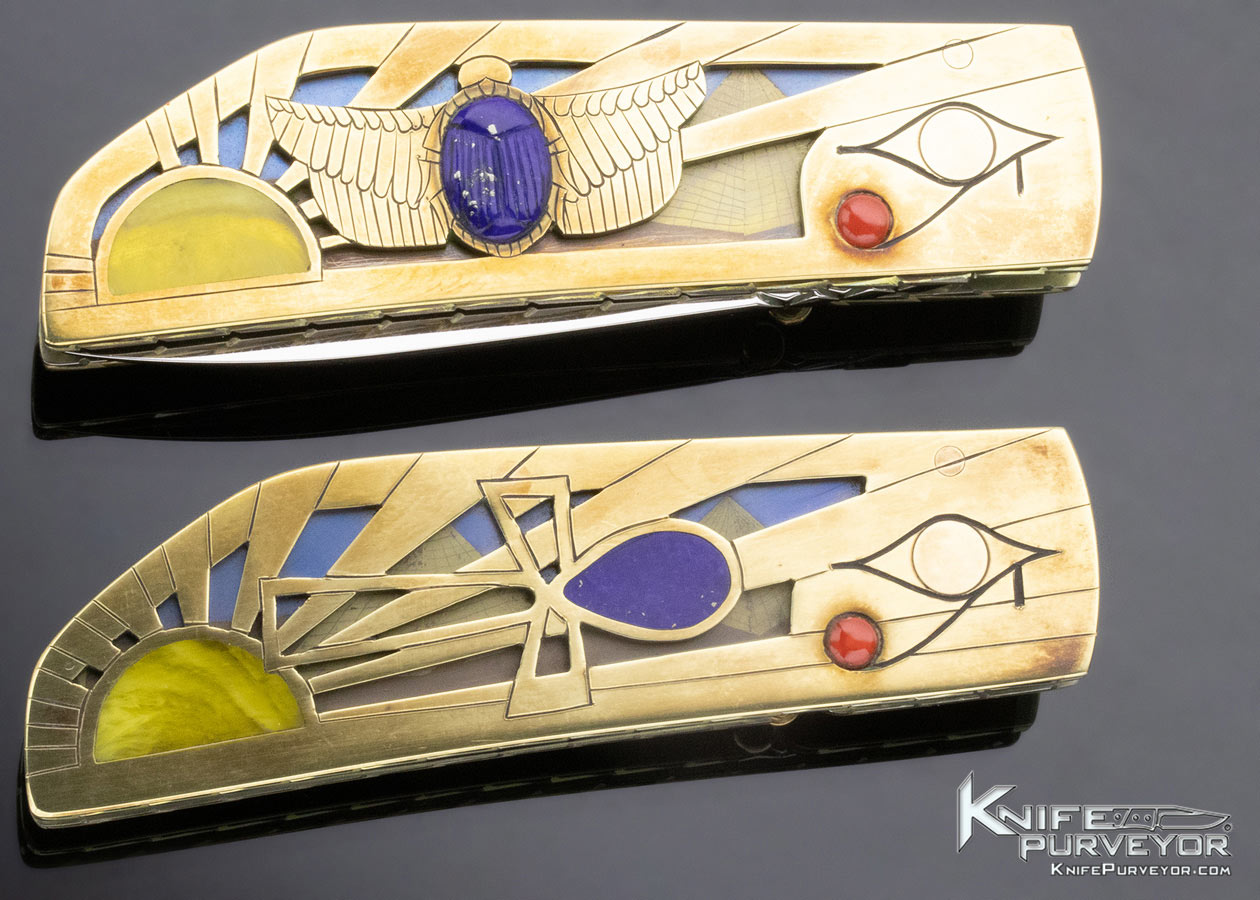 Butch and Judy Beaver Custom Knife "Nefertiti & Akhenaten" Carved Brass Egyptian Motif Folder Set (two knives) Linerlock - Image 4