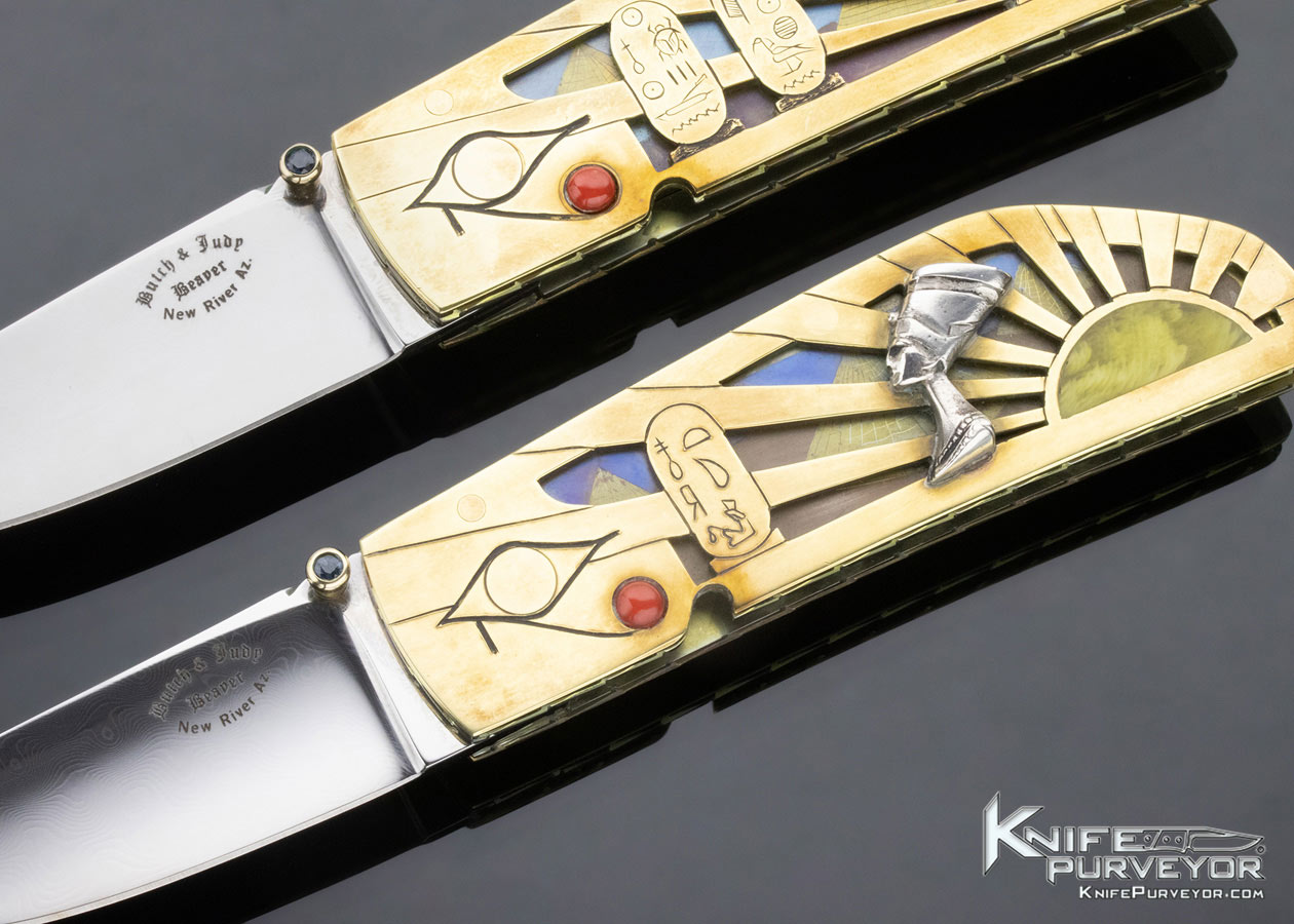 Butch and Judy Beaver Custom Knife "Nefertiti & Akhenaten" Carved Brass Egyptian Motif Folder Set (two knives) Linerlock - Image 2