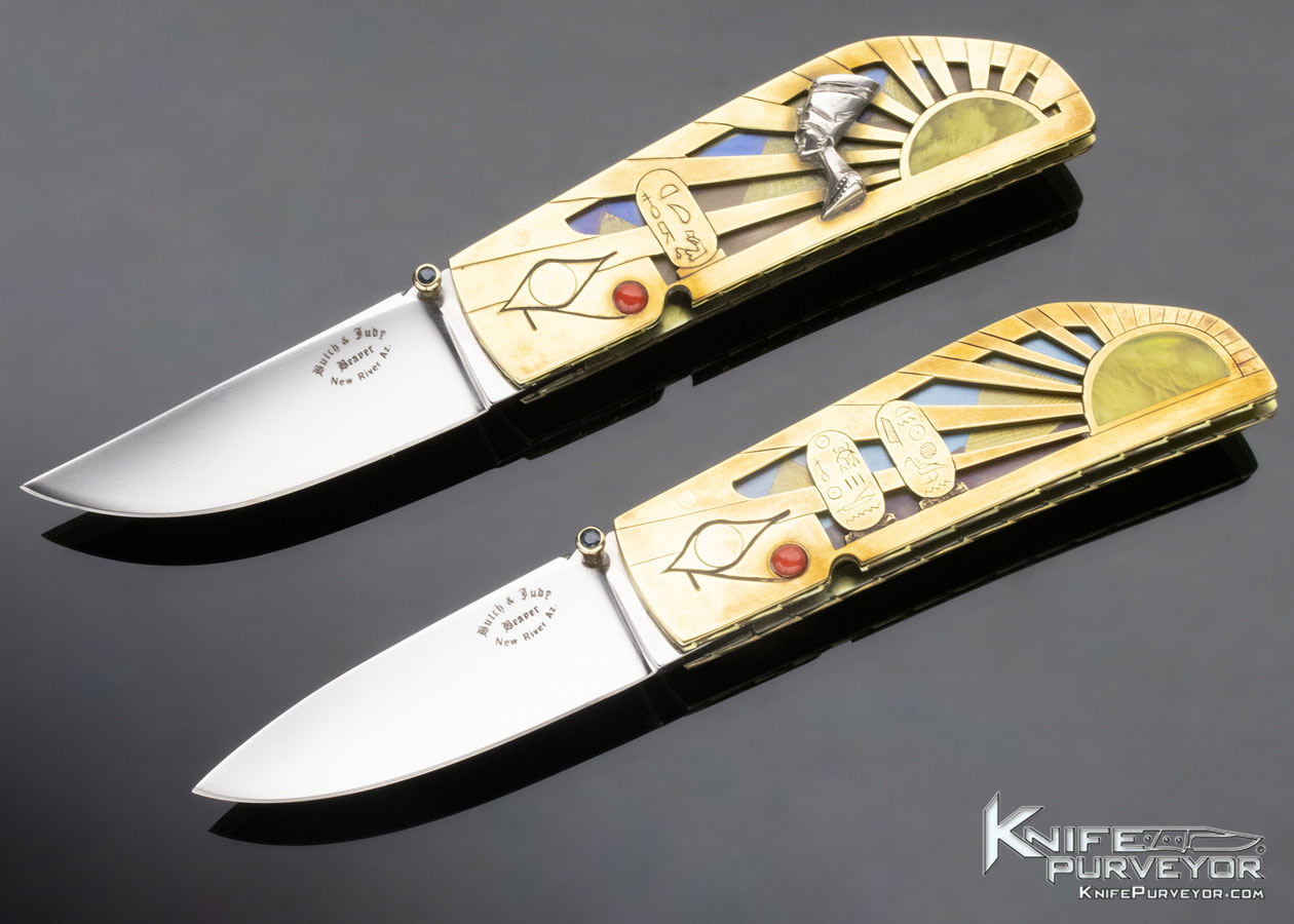 Butch and Judy Beaver Custom KnifeFolder Set (two knives) Schanz Schneider Stainless Damascus Steel Linerlock 11601