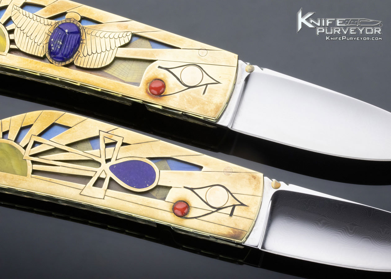Butch and Judy Beaver Custom Knife "Nefertiti & Akhenaten" Carved Brass Egyptian Motif Folder Set (two knives) Linerlock - Image 6
