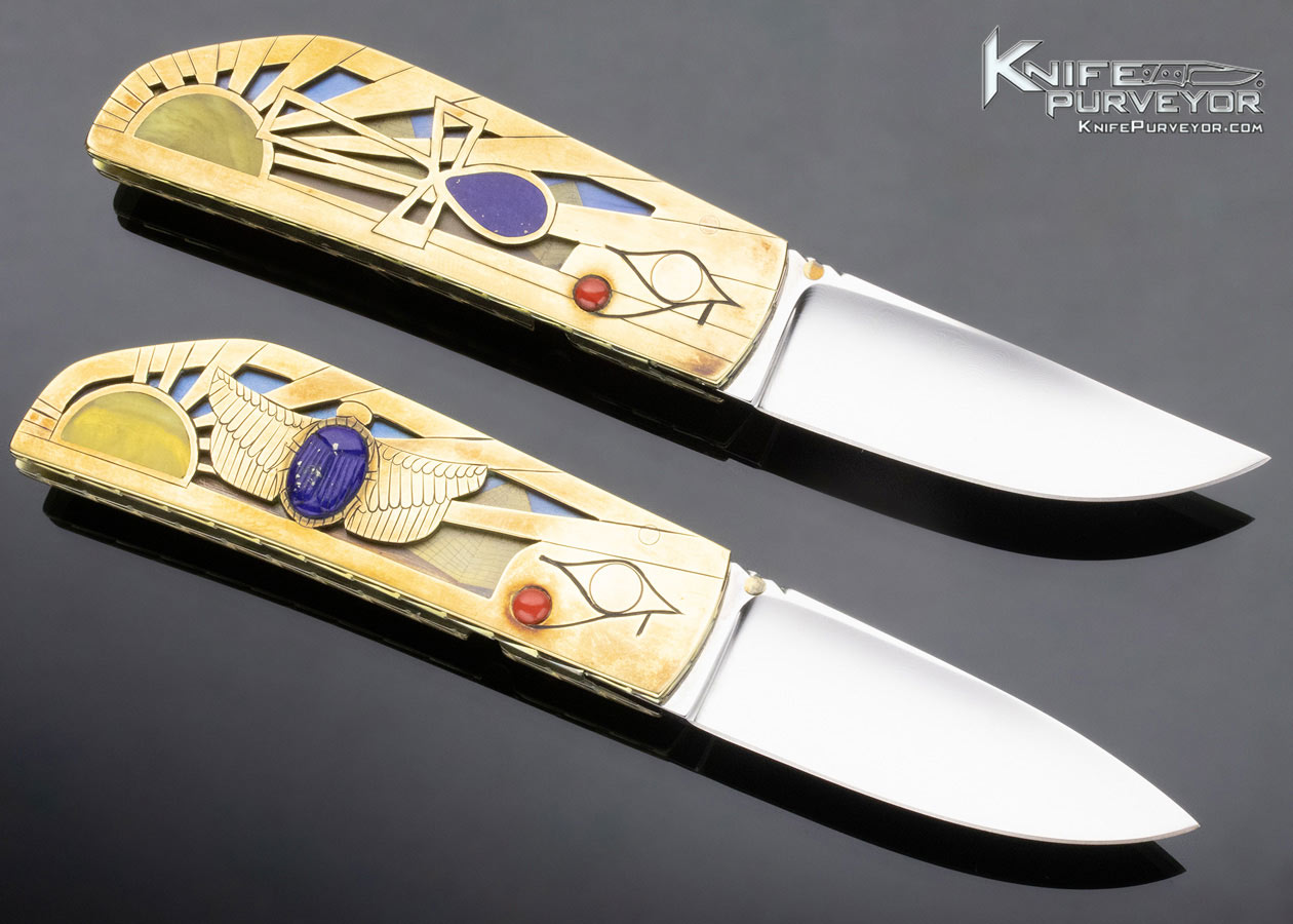 Butch and Judy Beaver Custom Knife "Nefertiti & Akhenaten" Carved Brass Egyptian Motif Folder Set (two knives) Linerlock - Image 5