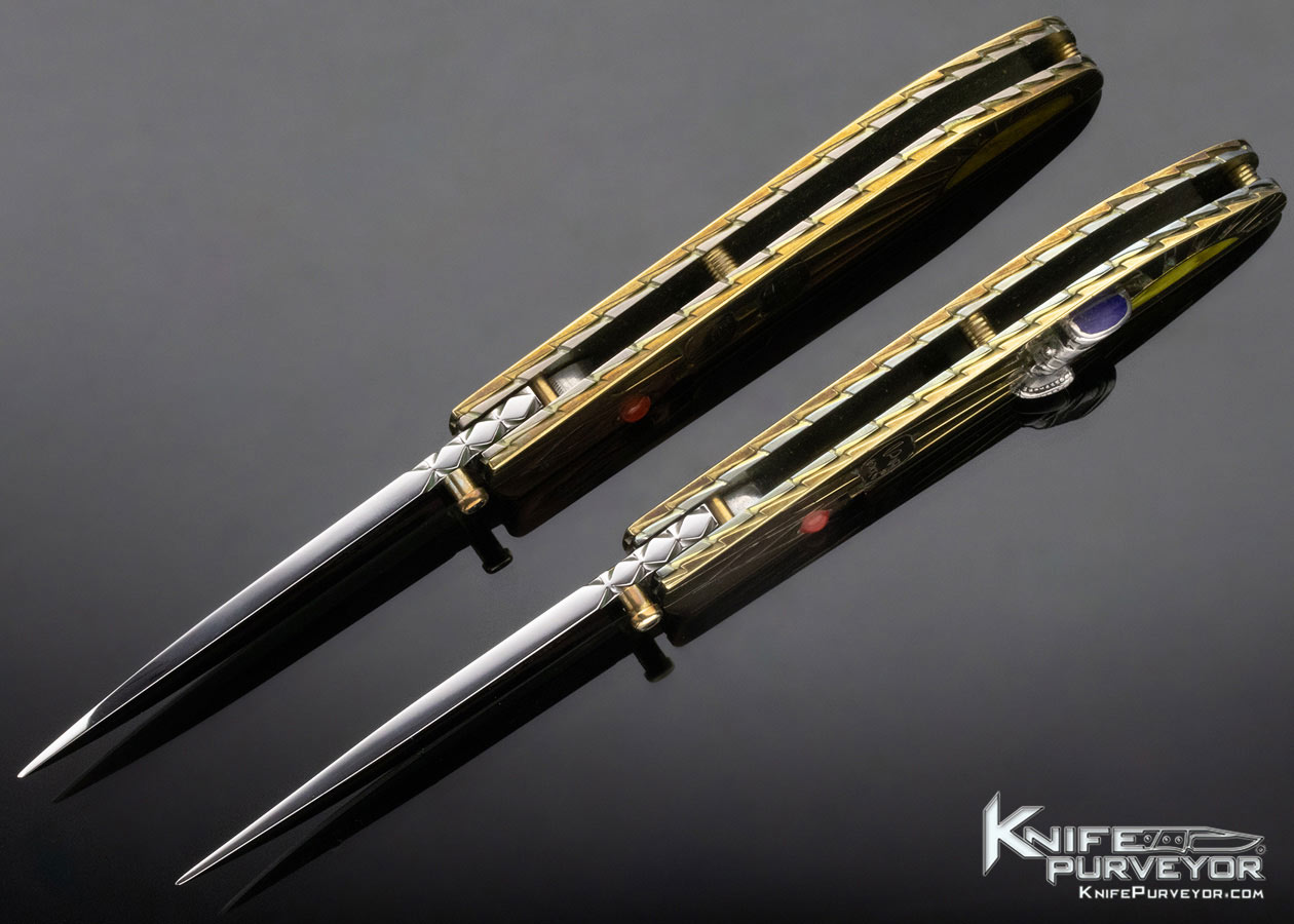 Butch and Judy Beaver Custom Knife "Nefertiti & Akhenaten" Carved Brass Egyptian Motif Folder Set (two knives) Linerlock - Image 7