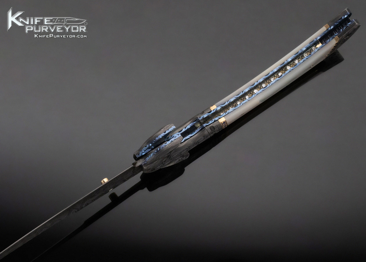 George Dailey Custom Knife Mother of Pearl and Damascus with Diamonds and Sapphire Encrusted Linerlock - Image 7