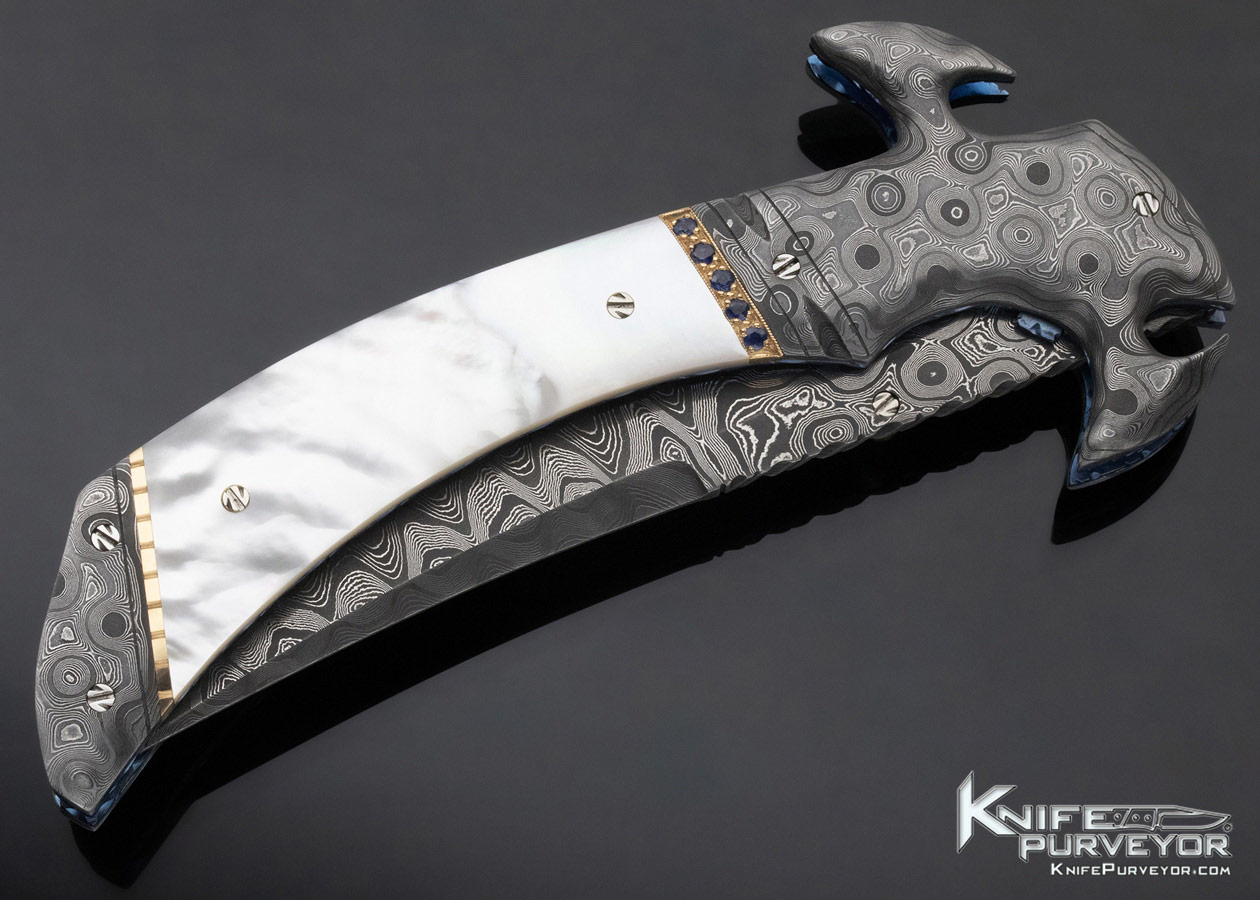 George Dailey Custom Knife Mother of Pearl and Damascus with Diamonds and Sapphire Encrusted Linerlock - Image 3