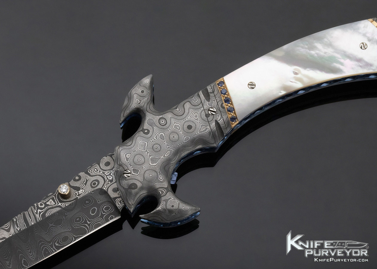 George Dailey Custom Knife Mother of Pearl and Damascus with Diamonds and Sapphire Encrusted Linerlock - Image 2