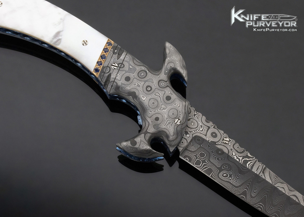 George Dailey Custom Knife Mother of Pearl and Damascus with Diamonds and Sapphire Encrusted Linerlock - Image 5