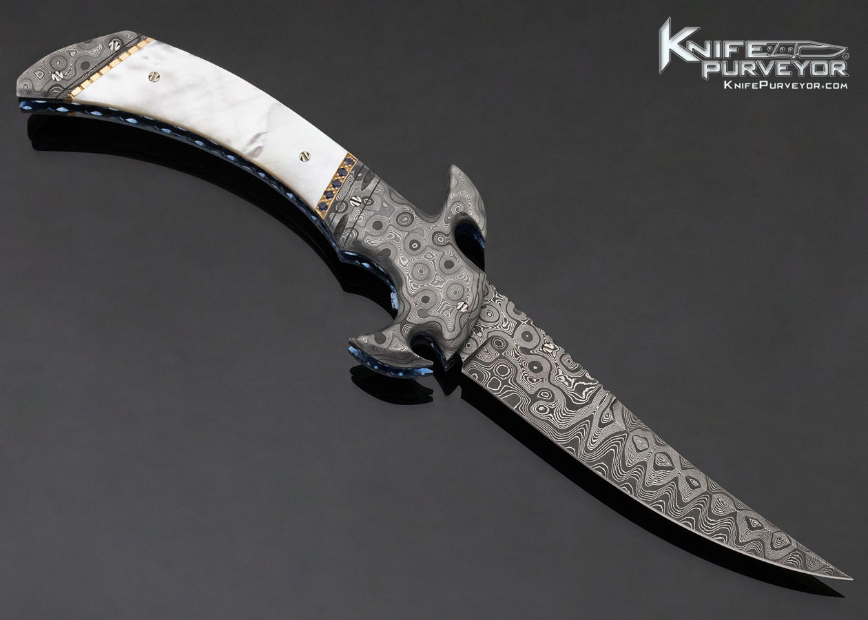 George Dailey Custom Knife Mother of Pearl and Damascus with Diamonds and Sapphire Encrusted Linerlock - Image 4