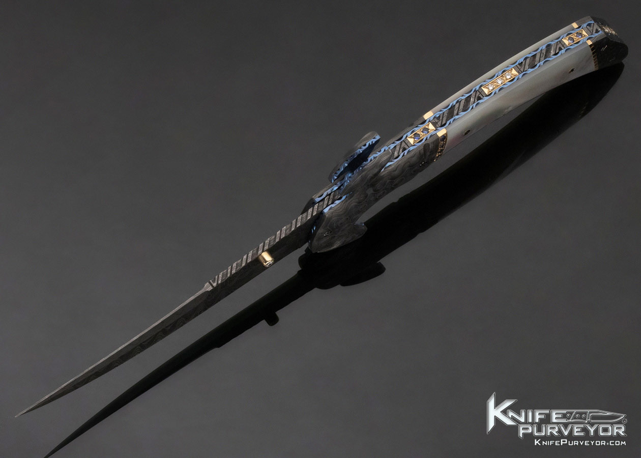 George Dailey Custom Knife Mother of Pearl and Damascus with Diamonds and Sapphire Encrusted Linerlock - Image 6
