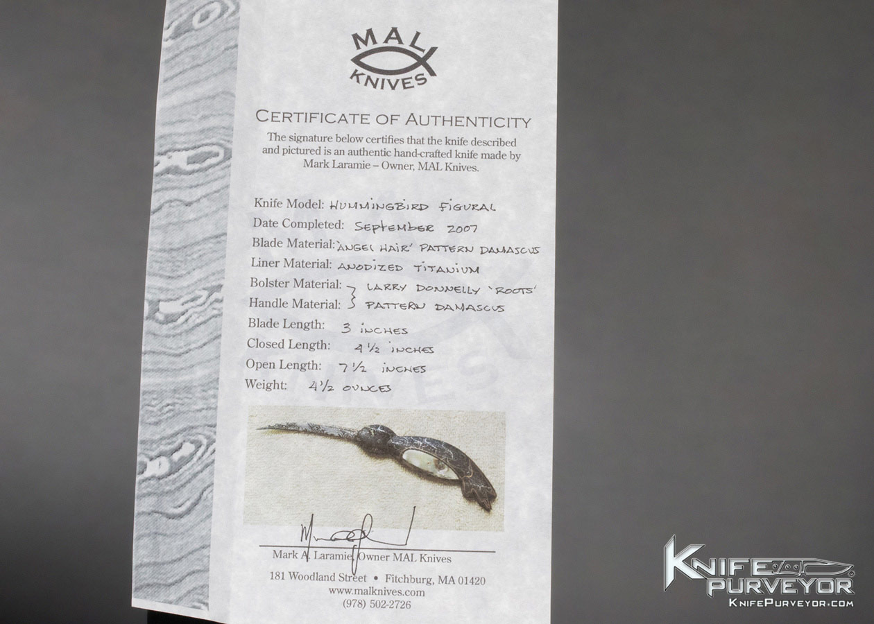 Mark Laramie Custom Knife Hummingbird Figural "Angel Hair" pattern Damascus Linerlock - Image 10