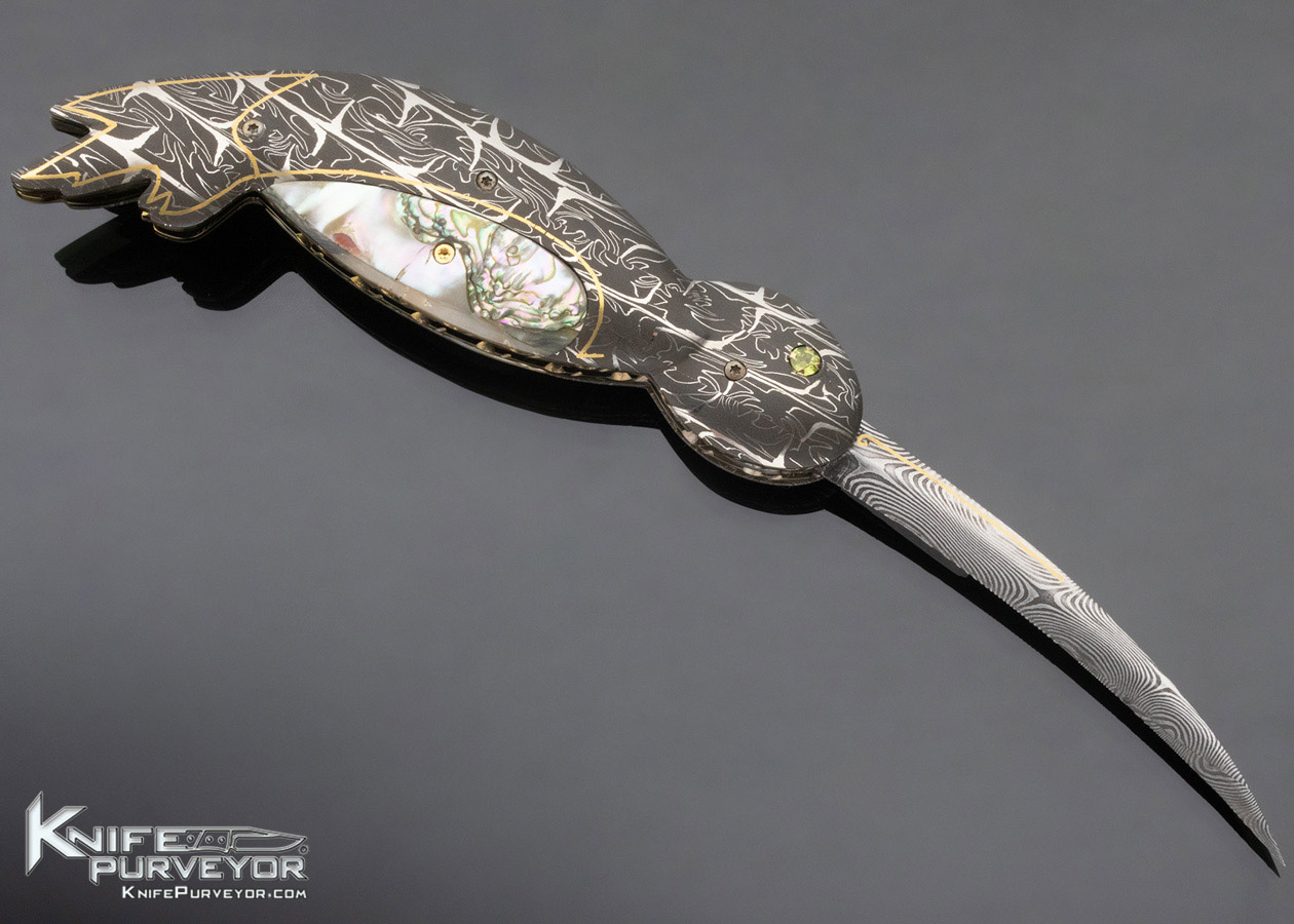 Mark Laramie Custom Knife Hummingbird Figural "Angel Hair" pattern Damascus Linerlock - Image 3
