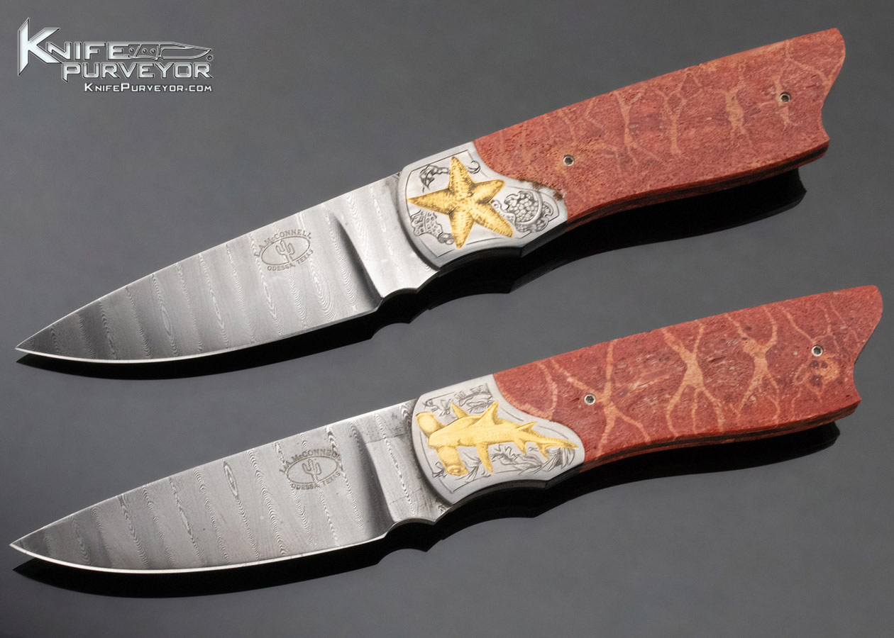 Lloyd McConnell Custom Knife "Creatures of the Deep Sea" Set of 9 Fixed Blades on Carved Wooden Shell Engraved by Laura Stenhouse - Image 4