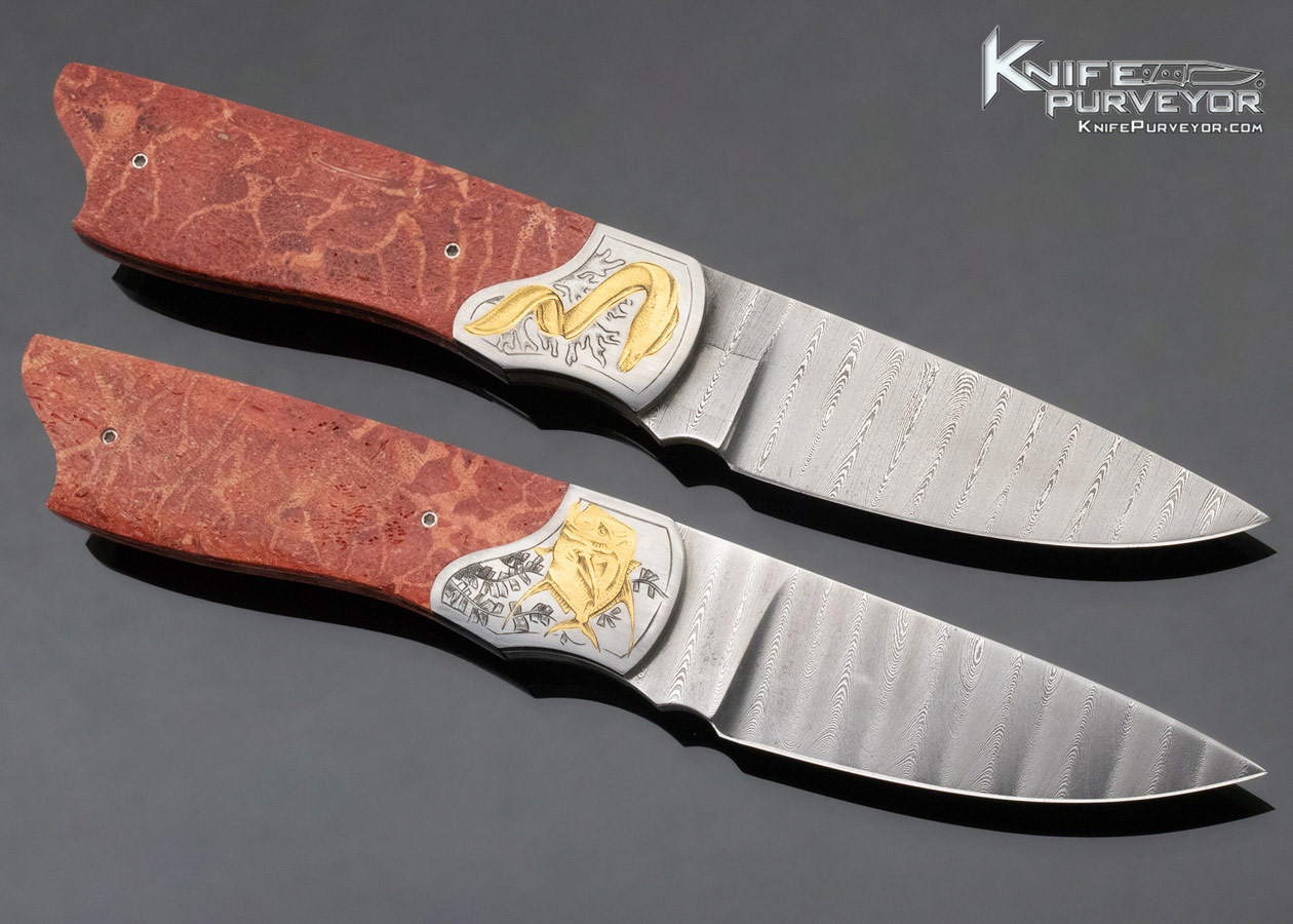 Lloyd McConnell Custom Knife "Creatures of the Deep Sea" Set of 9 Fixed Blades on Carved Wooden Shell Engraved by Laura Stenhouse - Image 5