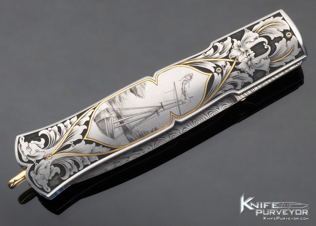 Howard Hitchmough Custom Knife Ray Cover Jr. Engraved "Ship Wreck and Mermaid" Linerlock Dagger - Image 5
