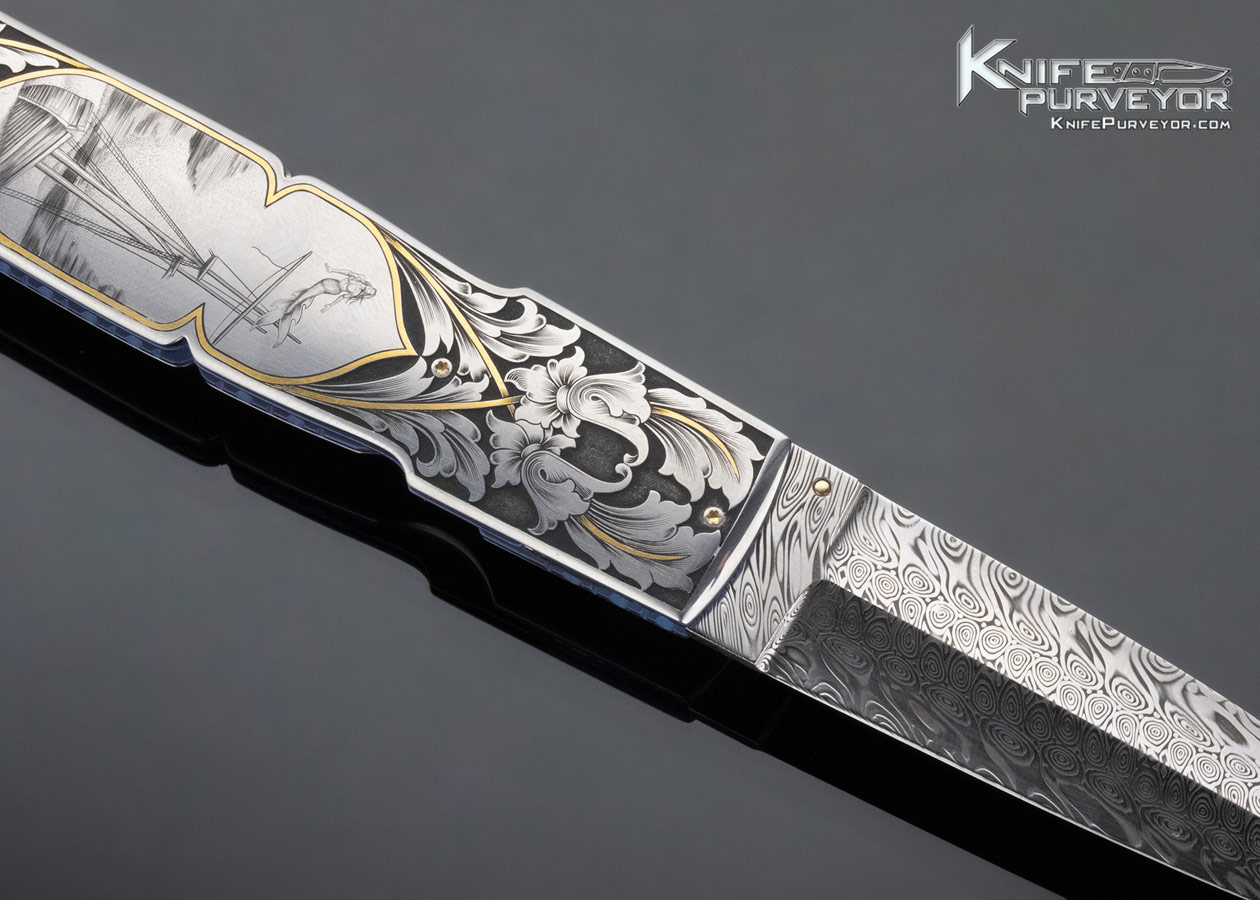 Howard Hitchmough Custom Knife Ray Cover Jr. Engraved "Ship Wreck and Mermaid" Linerlock Dagger - Image 4