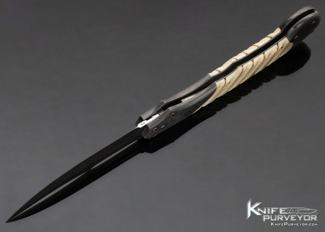 Joe Kious Custom Knife Fluted Mammoth Automatic Front Lock with Damascus and Twisted Gold Wire Inlays and Ruby Accents - Image 7