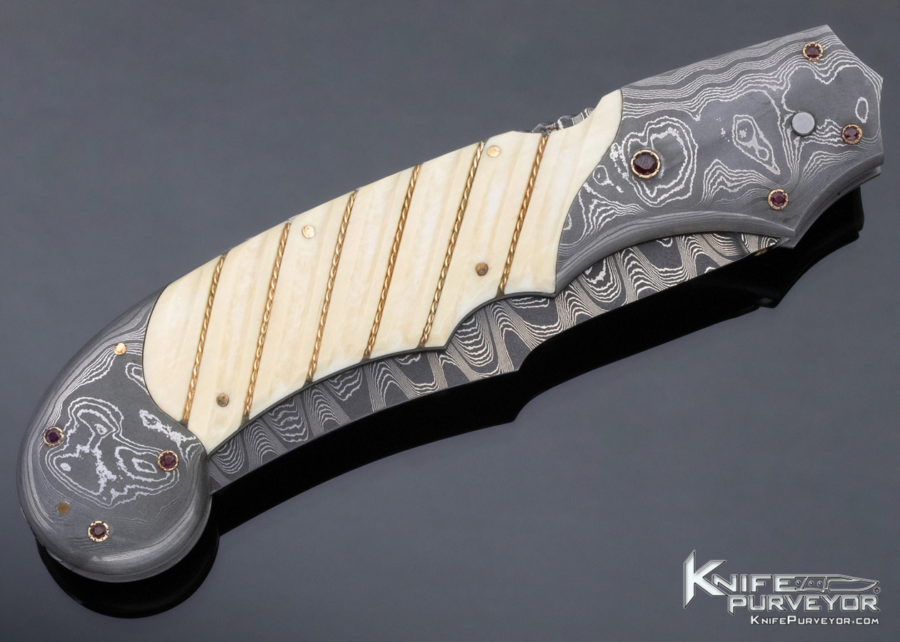 Joe Kious Custom Knife Fluted Mammoth Automatic Front Lock with Damascus and Twisted Gold Wire Inlays and Ruby Accents - Image 3